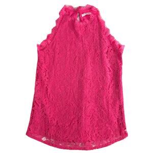 HALIFE Women’s Sleeveless Lace Tank Top Hot Pink Fuchsia Small Eyelash Trim